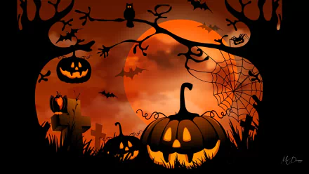 HD Halloween desktop wallpaper featuring a glowing jack-o'-lantern, spooky tree with an owl, bats, and a full moon in the background.