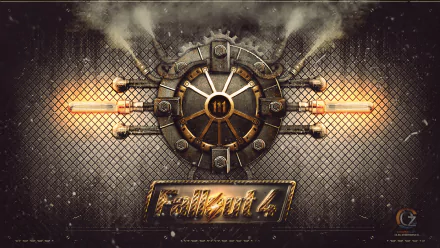 A detailed HD desktop wallpaper featuring the iconic Vault-Tec symbol and branding from the video game Fallout 4, set against a textured background.