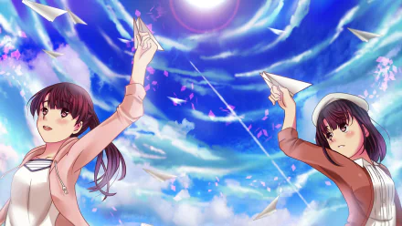 Anime HD PC desktop wallpaper and background of Saekano: How to Raise a Boring Girlfriend — two girls toss paper planes toward a bright sun in a swirling blue sky.