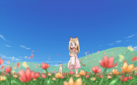Anime original HD PC desktop wallpaper — cheerful catgirl in a pink dress with a small cat, standing in a bright flower meadow beneath a vivid blue sky and rolling green hills.
