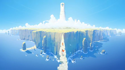HD desktop wallpaper of the video game RiME, featuring a scenic view of a cliffside path leading to a towering structure set against a bright, clear sky.