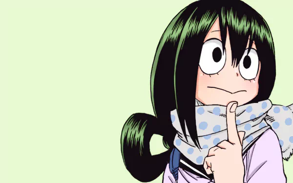 HD desktop wallpaper featuring the anime character Tsuyu Asui from My Hero Academia, set against a light green background.