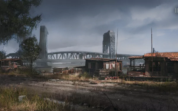 HD PC desktop wallpaper featuring a moody, industrial landscape from the video game Mafia III, showcasing a gritty urban environment under a cloudy sky.