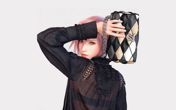 HD PC desktop wallpaper featuring a character from the video game Final Fantasy XIII holding a checkered pouch against a plain white background.