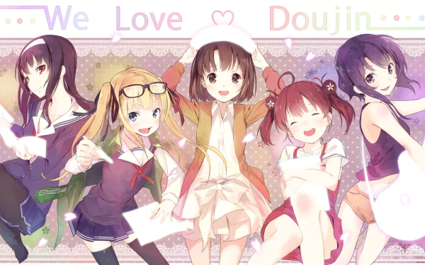 HD wallpaper from Saekano: How to Raise a Boring Girlfriend, featuring characters Michiru Hyodo, Izumi Hashima, Megumi Katō, Utaha Kasumigaoka, and Eriri Spencer Sawamura celebrating doujin culture.