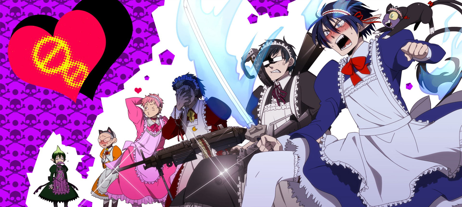 HD PC desktop wallpaper featuring characters from the anime Blue Exorcist dressed in colorful maid outfits against a vibrant purple background with skull motifs.
