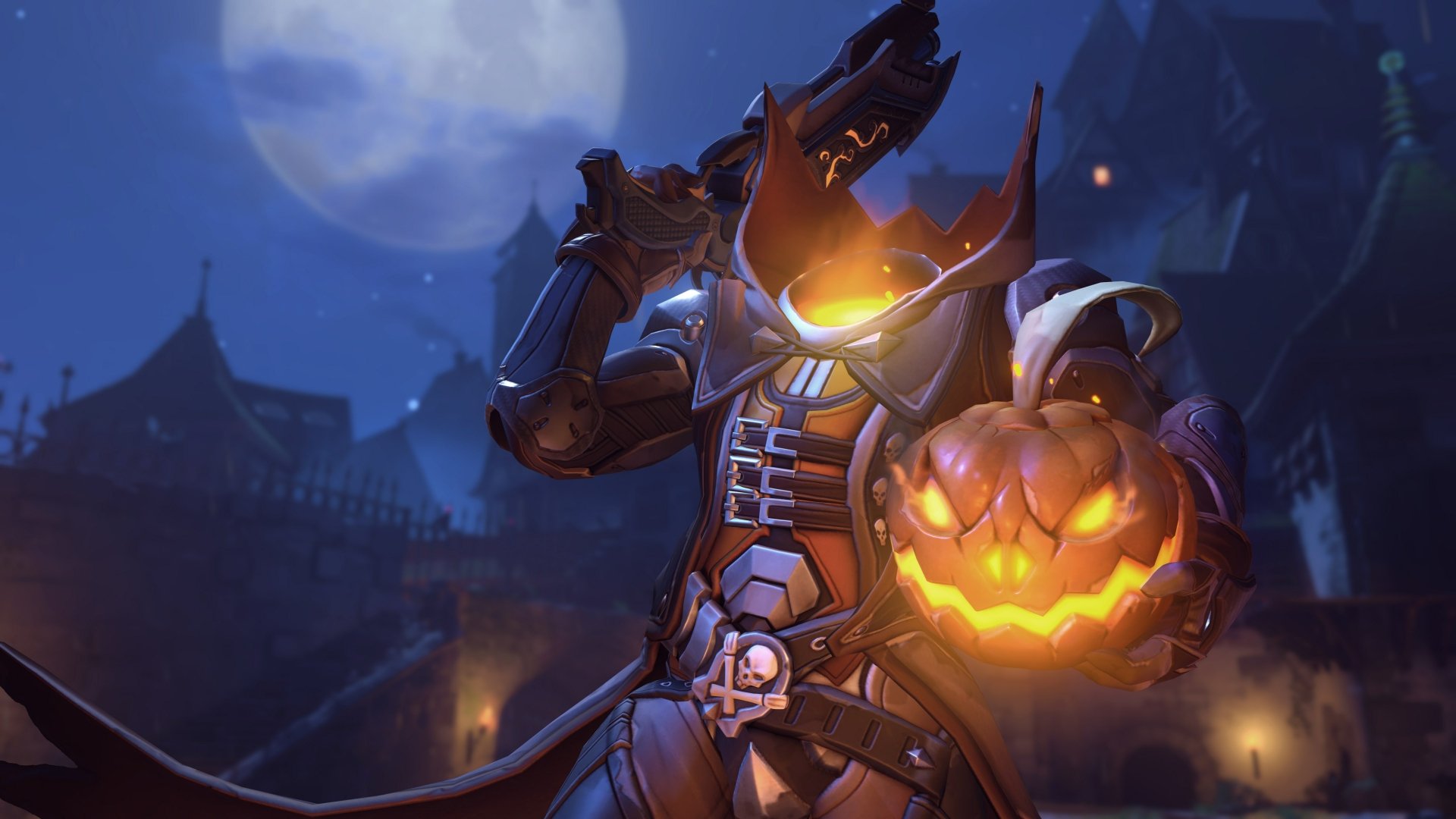 Reaper from Overwatch holds a glowing jack-o'-lantern under a full moon in a Halloween-themed 4K Ultra HD video game desktop wallpaper.
