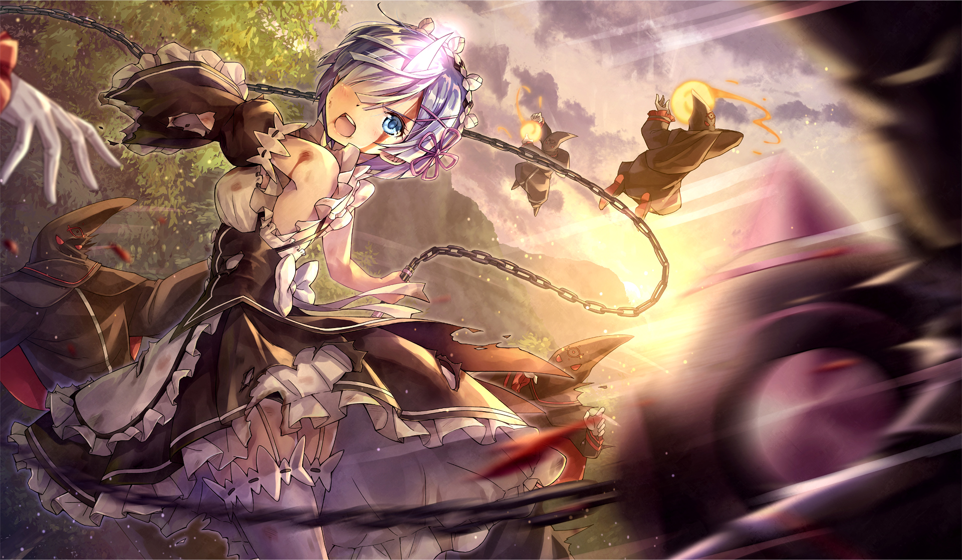 HD desktop wallpaper featuring Rem from Re:Zero - Starting Life in Another World, showcasing her short blue hair, blue eyes, and dynamic pose amidst an action scene.