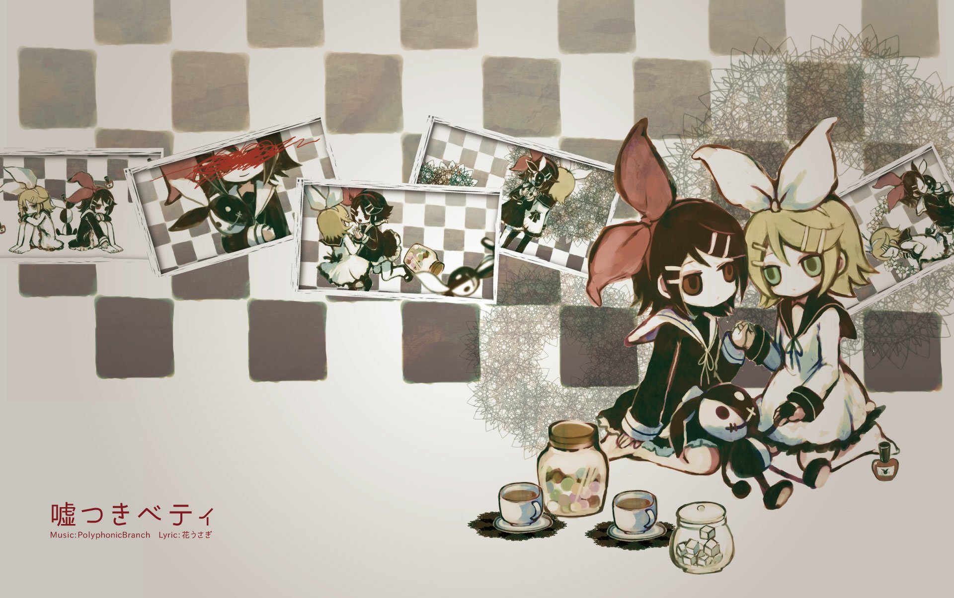 HD PC desktop wallpaper featuring anime Vocaloid characters Rin Kagamine and Zatsune Miku in chibi style, sharing tea with checkerboard panels and a muted textured background.