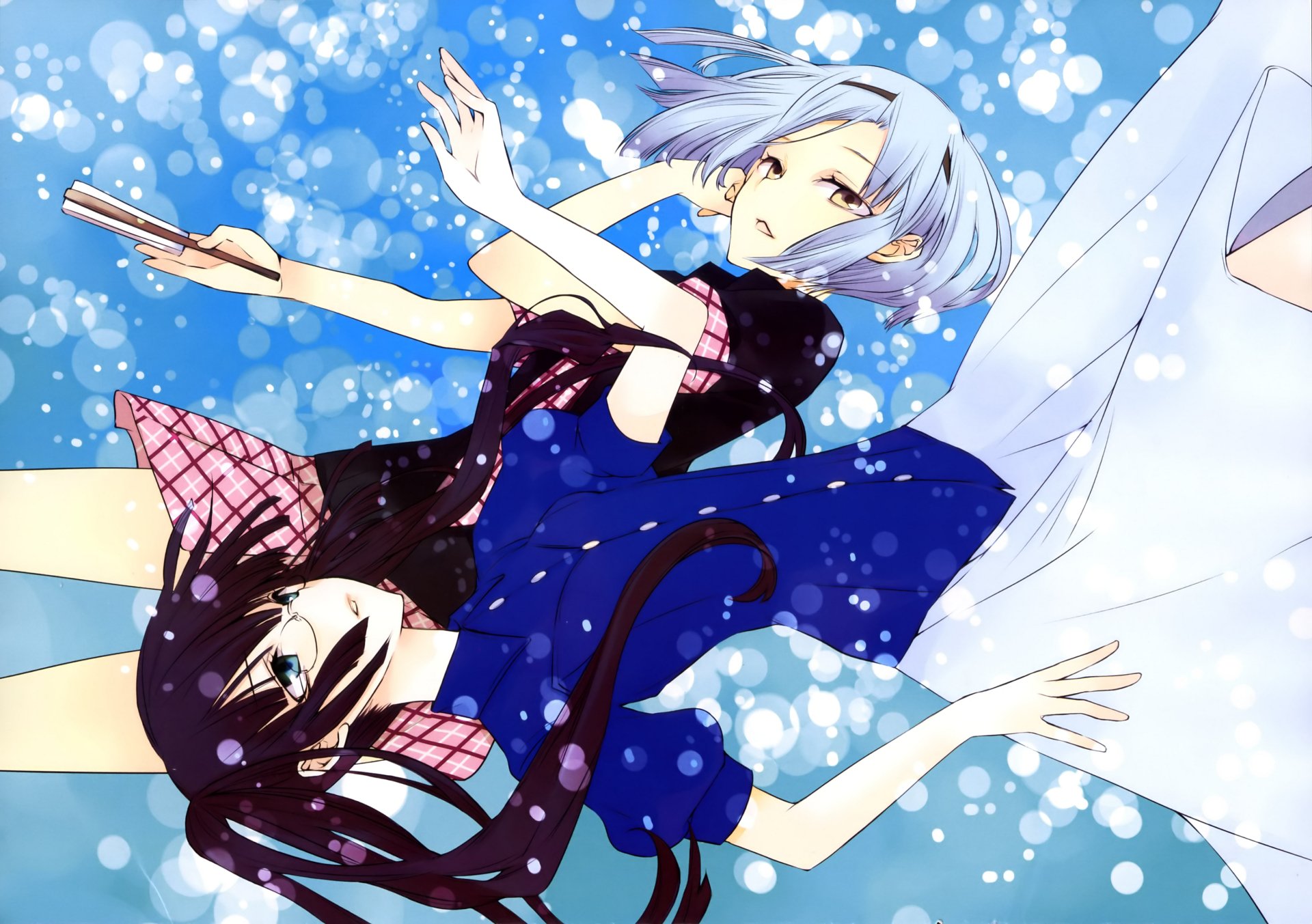 Two characters from Akuma no Riddle, Kouko Kaminaga and Suzu Shutou, are depicted against a watery background, showcasing anime-style artistry in vibrant 4K Ultra HD.