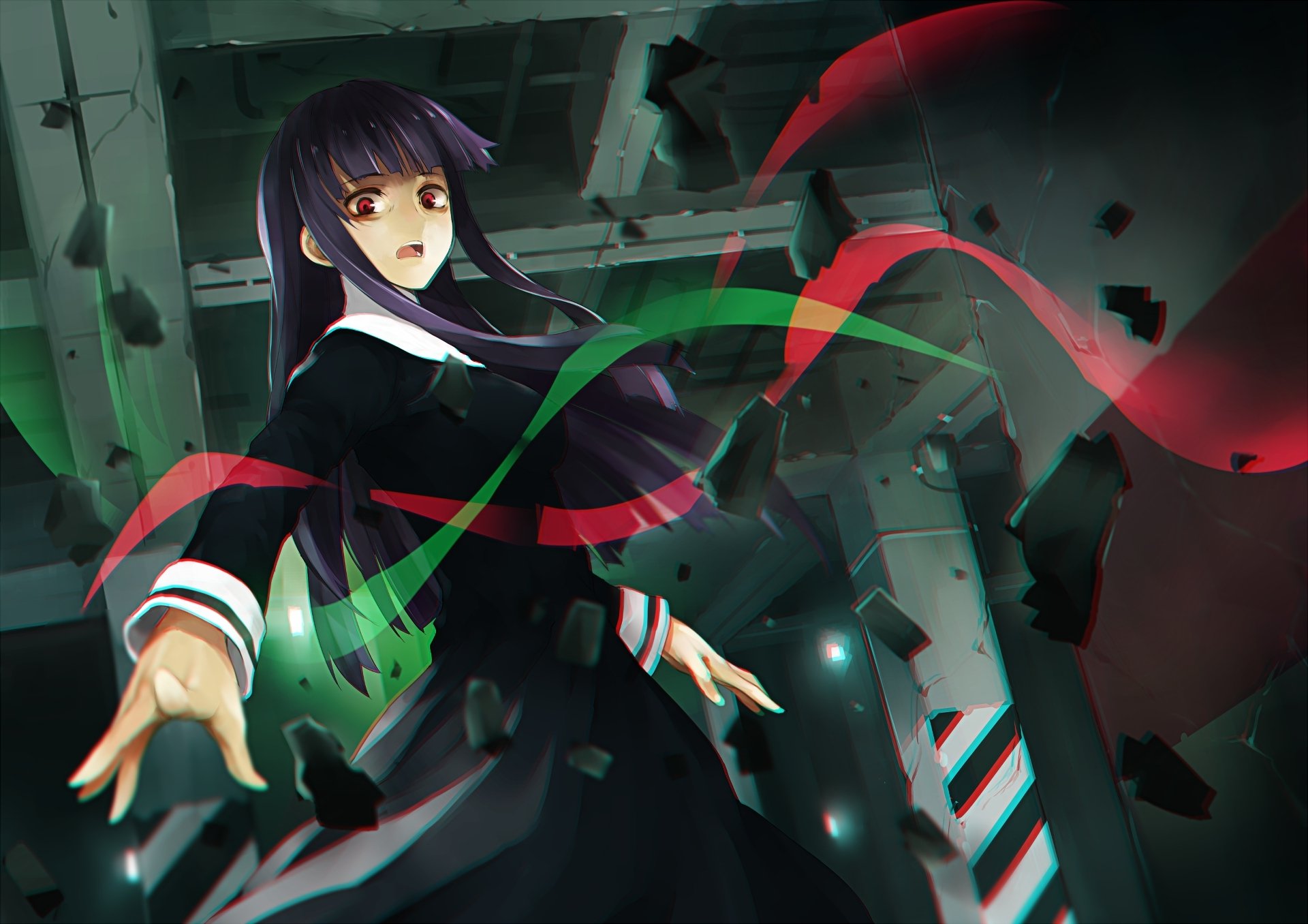 HD anime desktop wallpaper featuring a character from The Garden of Sinners with dynamic ribbons and a dark, fragmented background.