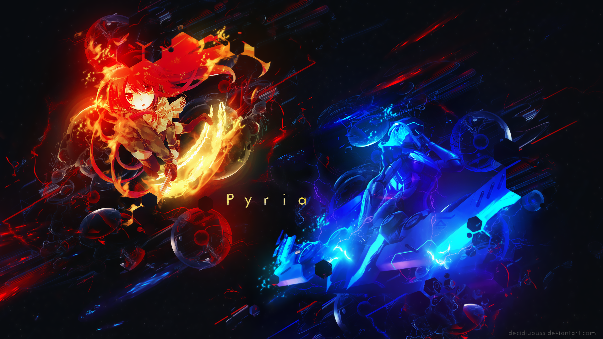 HD anime crossover PC desktop wallpaper: two opposing elemental figures — a fiery red-orange woman and an icy blue rival — clash amid debris, with the word Pyria centered.