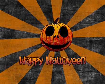 A vibrant Halloween-themed wallpaper featuring a spooky jack-o'-lantern with a happy face against a striped orange and black background, complete with Happy Halloween text.