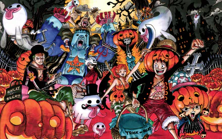 A vibrant Halloween-themed illustration featuring characters from One Piece, including Luffy, Zoro, and Nami, surrounded by pumpkins and festive elements in a spooky setting.