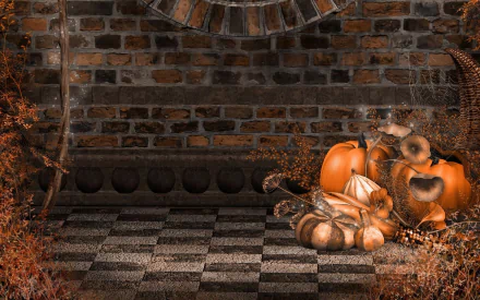 Artistic fall-themed HD desktop wallpaper featuring pumpkins and gourds arranged on a checkered floor against a rustic brick wall background.