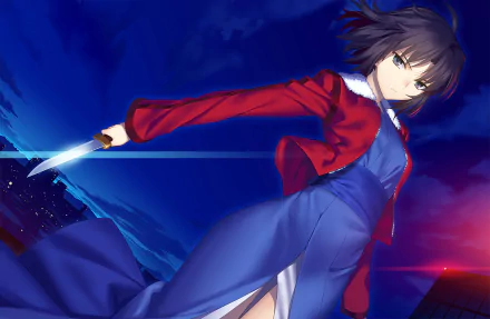 HD PC desktop wallpaper featuring an anime character from The Garden of Sinners, poised with a sword against a vibrant night sky background.
