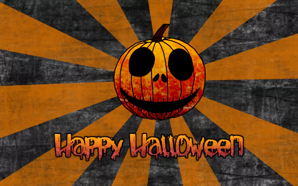 A vibrant Halloween-themed wallpaper featuring a spooky jack-o'-lantern with a happy face against a striped orange and black background, complete with Happy Halloween text.