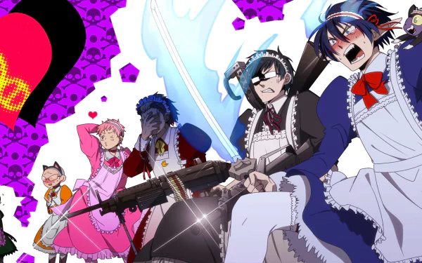 HD PC desktop wallpaper featuring characters from the anime Blue Exorcist dressed in colorful maid outfits against a vibrant purple background with skull motifs.