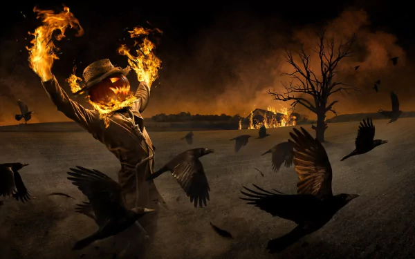 A fiery pumpkin-headed scarecrow stands at night surrounded by ravens under a dark sky, creating a spooky Halloween scene for an HD PC desktop wallpaper.