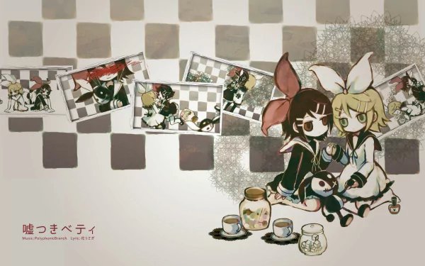 HD PC desktop wallpaper featuring anime Vocaloid characters Rin Kagamine and Zatsune Miku in chibi style, sharing tea with checkerboard panels and a muted textured background.