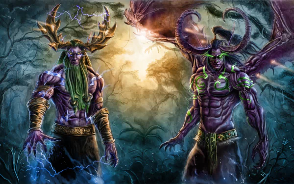 Malfurion Stormrage, the powerful druid, stands beside his brother Illidan Stormrage, a formidable demon, in this vibrant World of Warcraft HD wallpaper.
