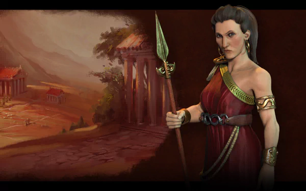 HD desktop wallpaper featuring Gorgo, Queen of Sparta, from the video game Civilization VI, set against an ancient Greek temple background.