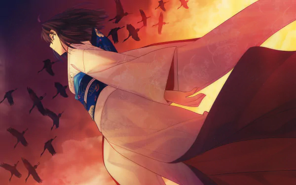 Anime-style 4K Ultra HD wallpaper from The Garden of Sinners, depicting a character in traditional attire against a vivid sunset sky with flying birds.