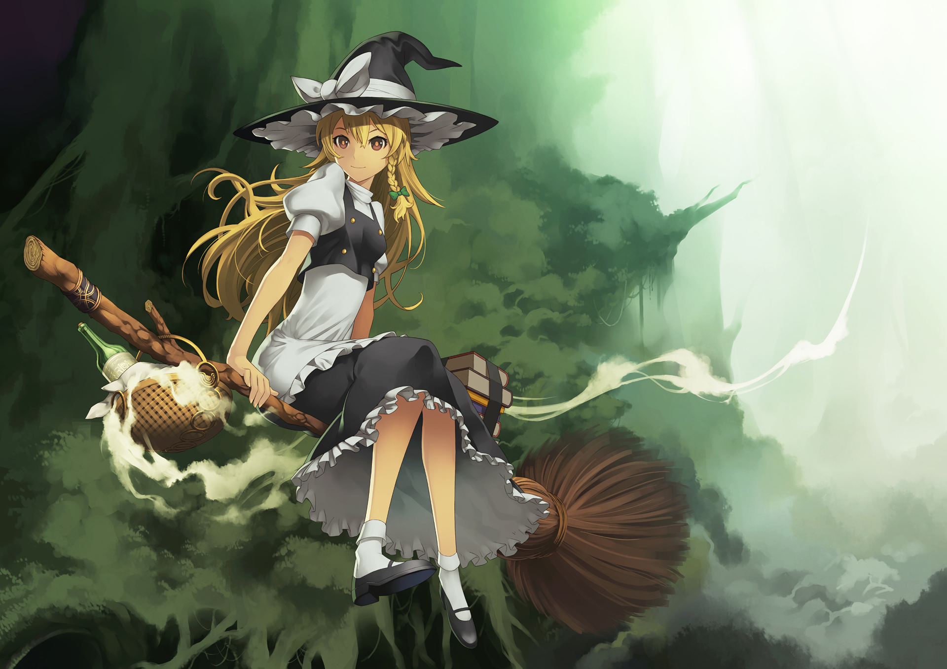 HD anime desktop wallpaper featuring Marisa Kirisame, the witch from Touhou, sitting on a broomstick with a mystical forest backdrop.