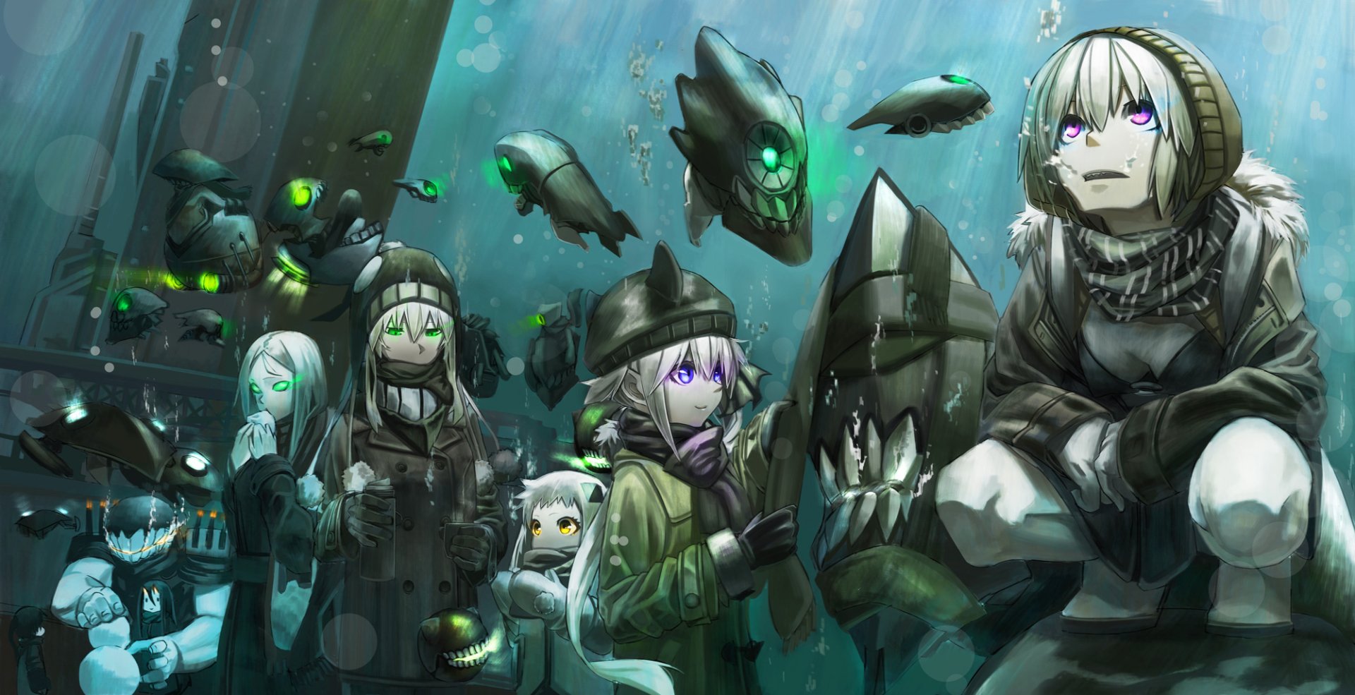 HD anime desktop wallpaper featuring Wo-Class from Kantai Collection surrounded by dark, mechanical sea creatures in a mysterious underwater setting.