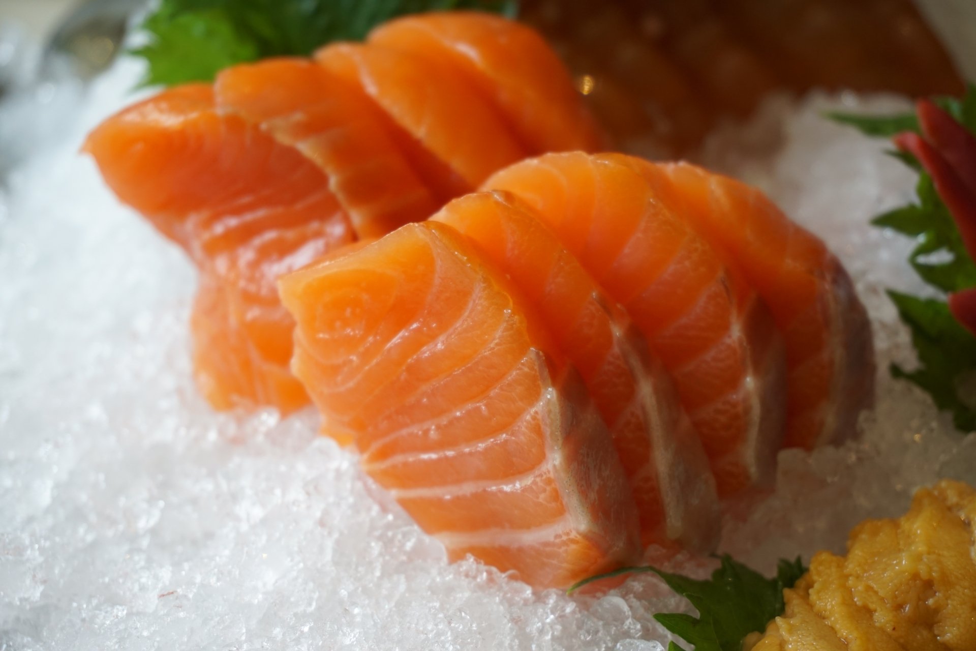5K Ultra HD PC desktop wallpaper: close-up of fresh salmon sashimi (seafood, fish) slices on crushed ice with green shiso and garnish — food background.