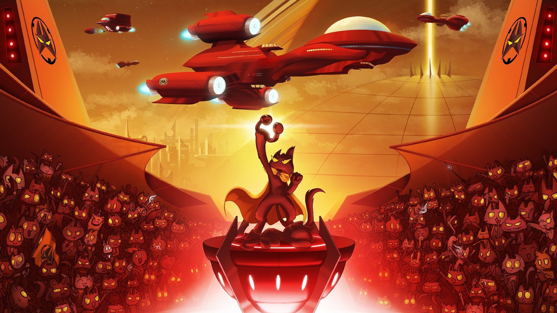 HD PC desktop wallpaper featuring Monstercat music theme with a red alien figure on a pedestal, surrounded by crowds and futuristic flying ships in a vibrant orange sky.