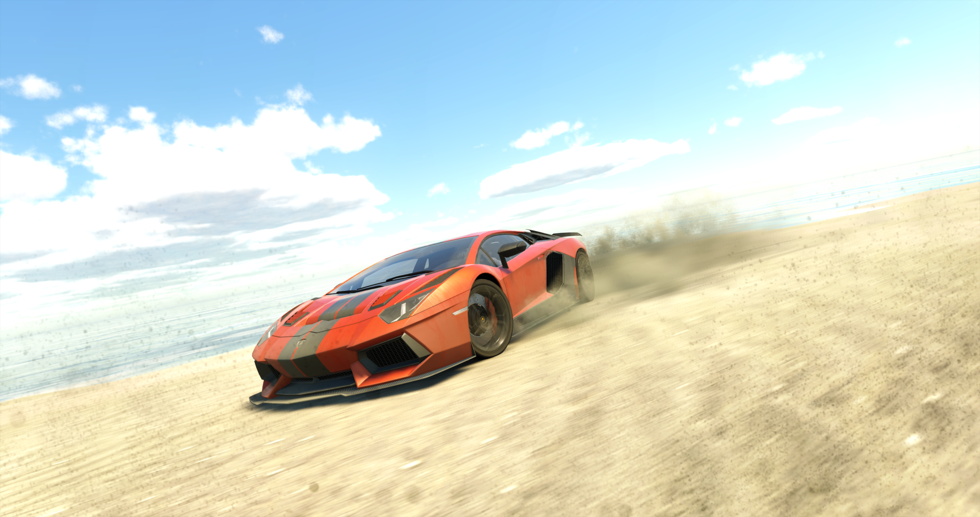 4K Ultra HD PC desktop wallpaper and background from the video game The Crew: orange sports car kicking up sand as it speeds across a sunlit desert under blue sky.