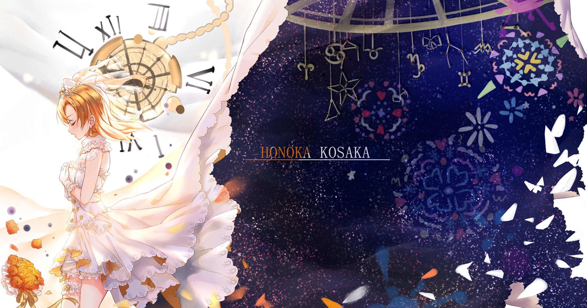 HD PC desktop wallpaper of Honoka Kousaka from Love Live! Anime — Honoka in a flowing white dress beside clock motifs against a starry, decorative cosmic background.