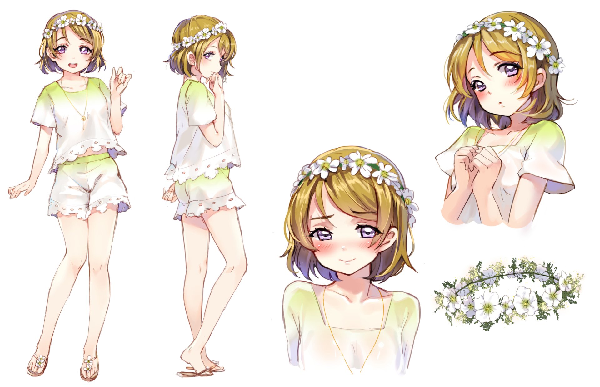 HD PC desktop wallpaper featuring multiple anime-style poses of Hanayo Koizumi from Love Live!, wearing a white outfit and a flower crown.