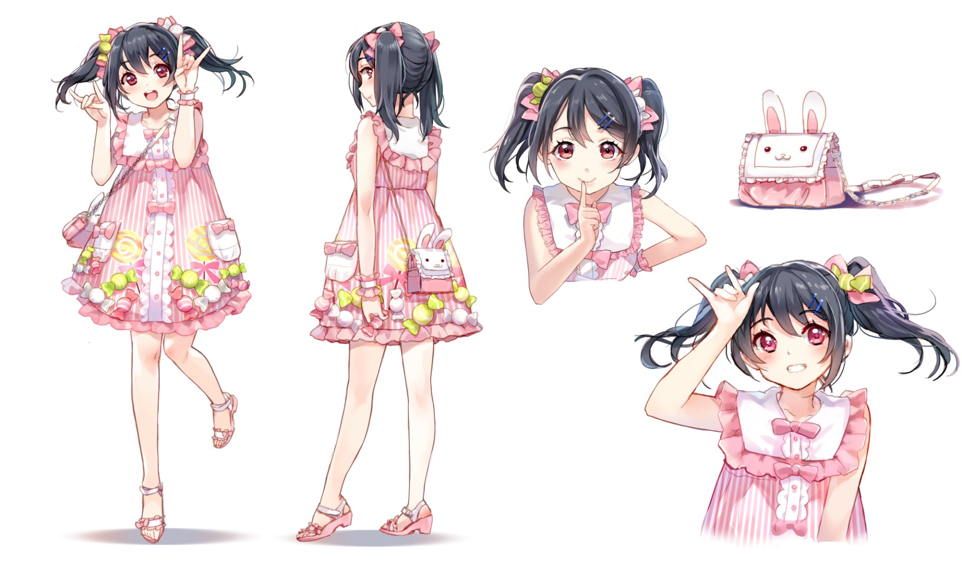 HD PC desktop wallpaper featuring Nico Yazawa from the anime Love Live! in a pink floral dress with multiple poses and expressions.