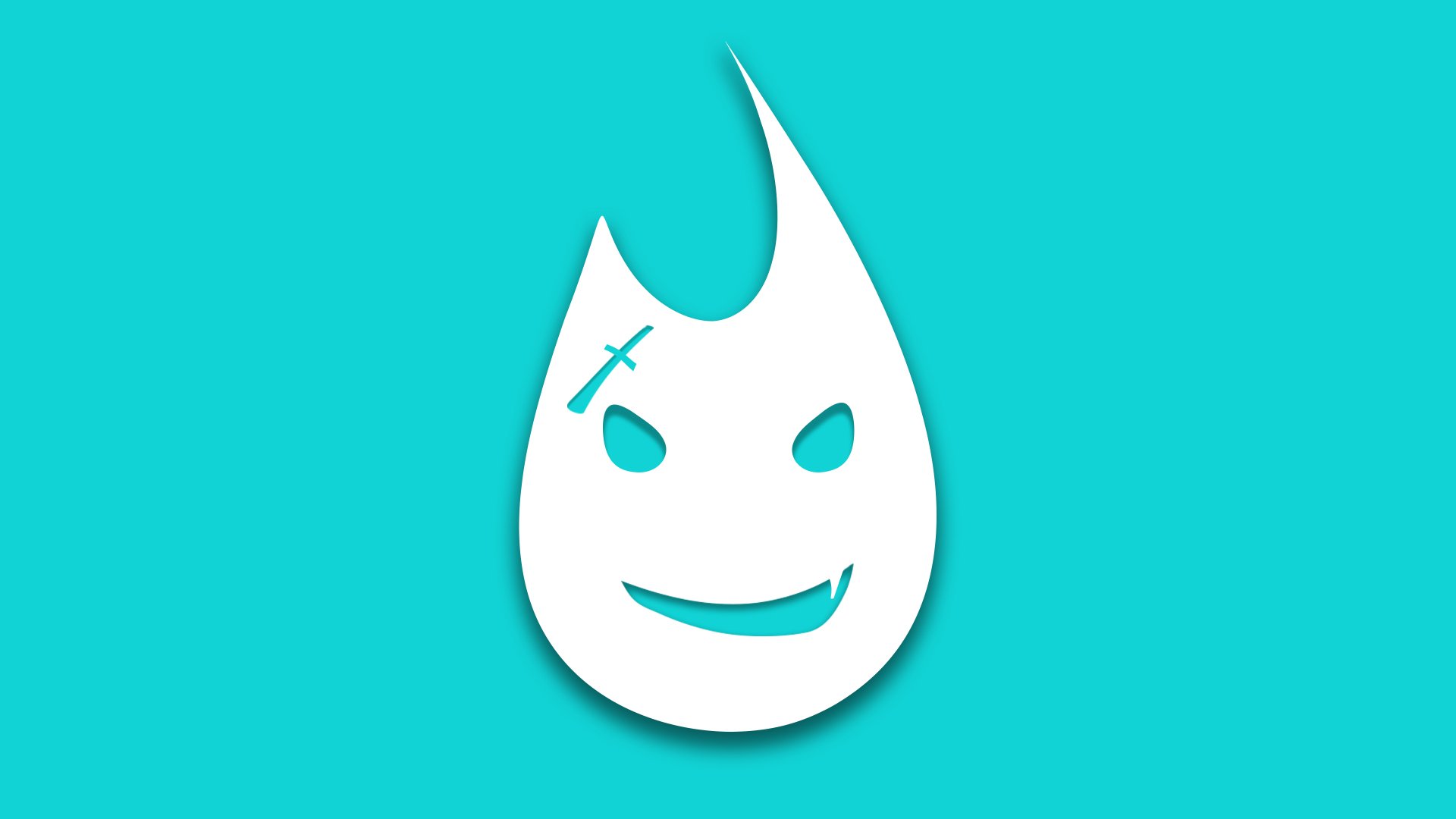 Artistic 4K Ultra HD cartoon wallpaper of a funny cyan devil face with a playful expression on a solid cyan background.