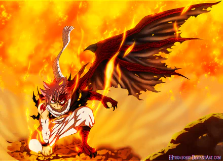 HD desktop wallpaper of Natsu Dragneel from the anime Fairy Tail, engulfed in flames with fiery wings, exuding power in an intense, dynamic pose.