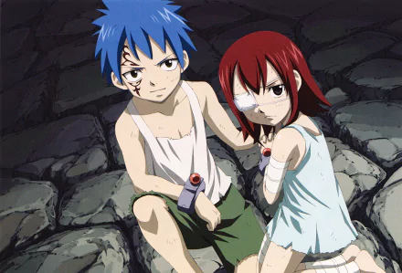 HD anime wallpaper featuring Jellal Fernandes and Erza Scarlet from Fairy Tail, sitting closely together with serious expressions on a rocky background.