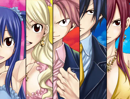 An HD wallpaper featuring beloved Fairy Tail characters: Gray Fullbuster, Erza Scarlet, Wendy Marvell, Natsu Dragneel, and Lucy Heartfilia, showcasing their distinct styles.