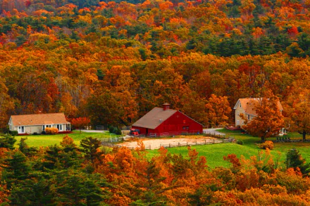 HD desktop wallpaper showing a country man-made barn and farmhouse nestled among trees in a vibrant fall forest, warm orange and red foliage covering rolling hills.