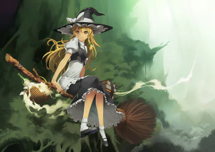 HD anime desktop wallpaper featuring Marisa Kirisame, the witch from Touhou, sitting on a broomstick with a mystical forest backdrop.