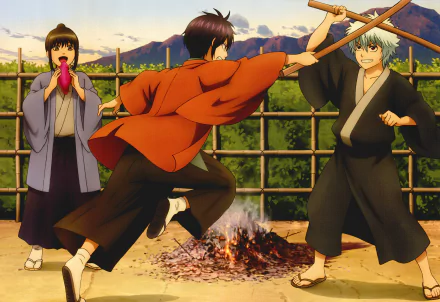 A dynamic scene from the anime Gintama, featuring characters engaged in a battle near a campfire, set against a backdrop of mountains. An 8K Ultra HD desktop wallpaper.
