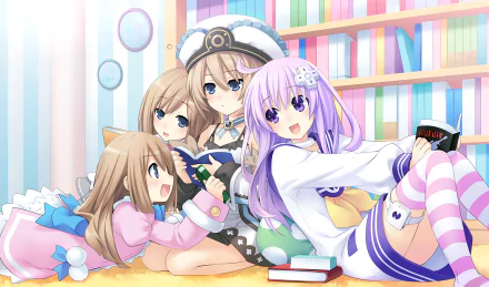 A vibrant HD wallpaper featuring characters Ram, Rom, Blanc, and Nepgear from the video game Hyperdimension Neptunia, enjoying a cozy moment surrounded by books.
