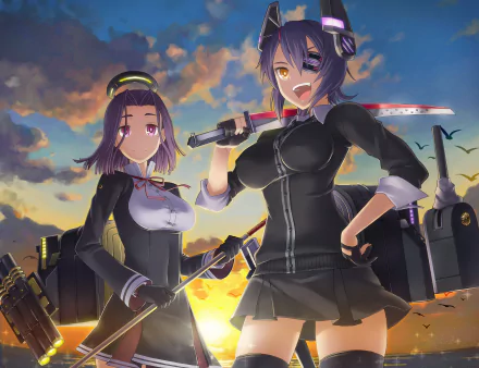 HD PC desktop wallpaper of Kantai Collection (Kancolle) anime: Tatsuta and Tenryuu in naval uniforms with swords and ship gear against a dramatic sunset.