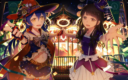 HD PC desktop wallpaper/background: Umi Sonoda from Love Live! in anime style, two costumed girls reaching out in front of a glowing carnival carousel under night lights.