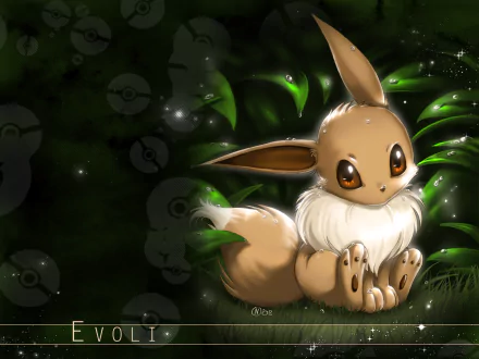 AHD desktop wallpaper featuring Eevee from Pokémon, surrounded by lush green leaves against a dark background, capturing the charm of this beloved anime character.