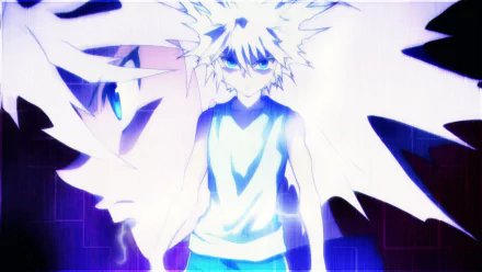 HD desktop wallpaper featuring Killua Zoldyck from the anime Hunter x Hunter. The image portrays an intense and powerful aura surrounding the character.