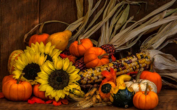 HD still life desktop wallpaper featuring corn, wheat, sunflowers, gourds, and pumpkins arranged in a warm, rustic fall display.
