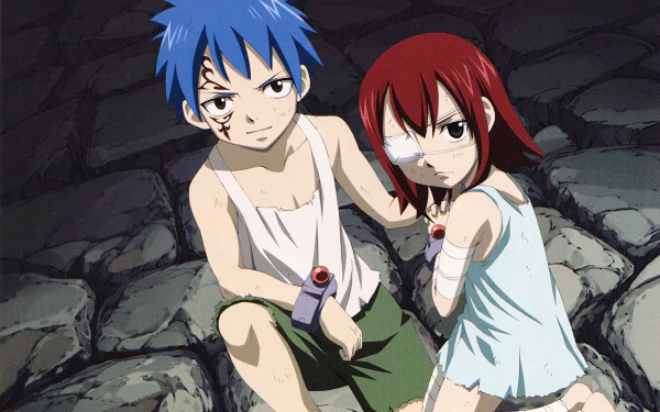 HD anime wallpaper featuring Jellal Fernandes and Erza Scarlet from Fairy Tail, sitting closely together with serious expressions on a rocky background.