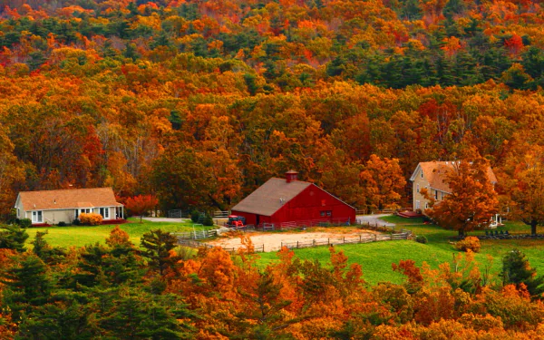 HD desktop wallpaper showing a country man-made barn and farmhouse nestled among trees in a vibrant fall forest, warm orange and red foliage covering rolling hills.